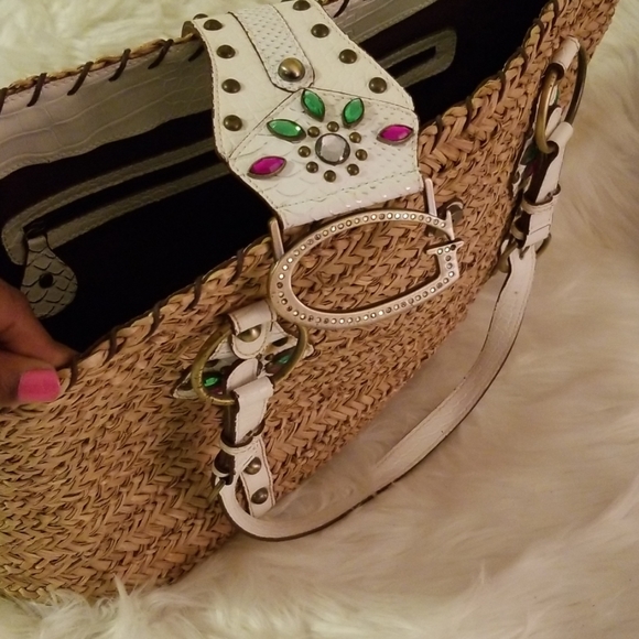 Guess Straw & Studded Leather Jeweled Beach Bag - Picture 8 of 8